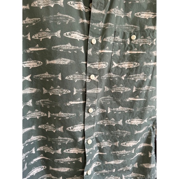 LL Bean Signature Mens Slim Fit Short Sleeve Fish Print Cotton Shirt Green M - Picture 6 of 6